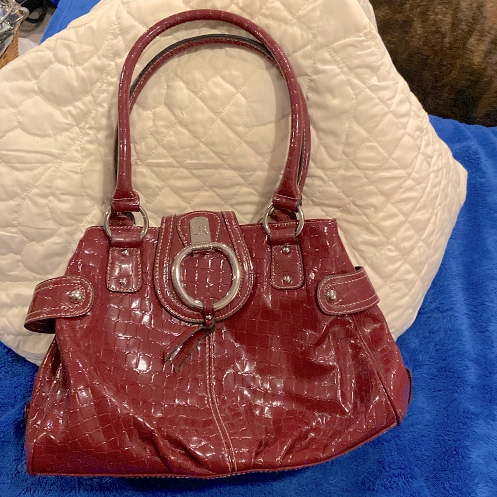 Linear LR tote faux crocodile handbag with silver hardware maroon color